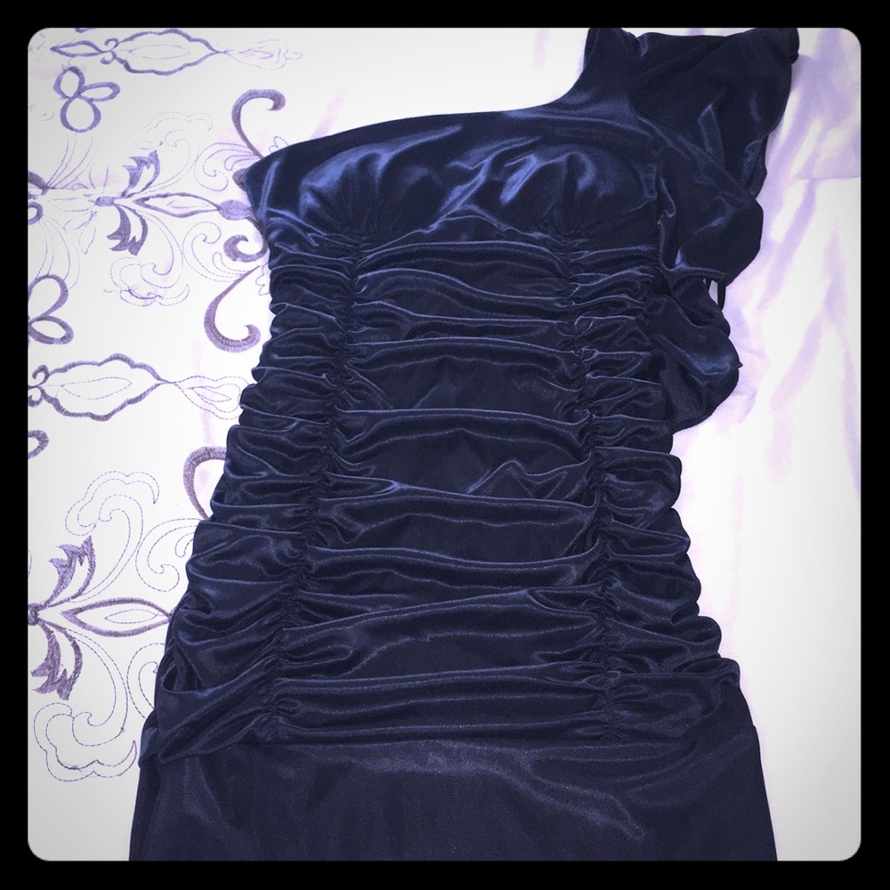Little black dress. Ruched, one-shoulder
